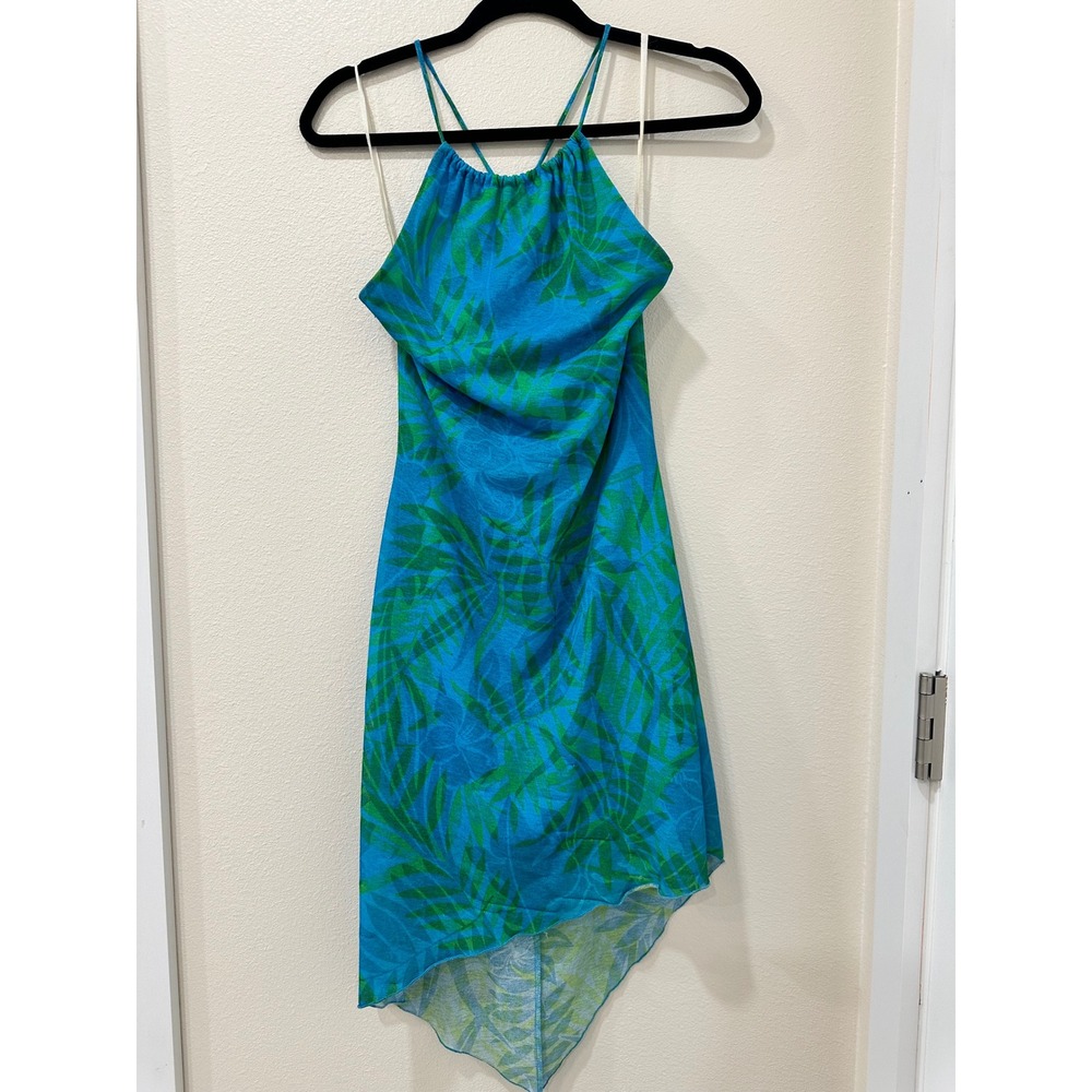 Y2K XOXO Blue Green Tropical Palm Print Halter Handkerchief Hem Summer Dress